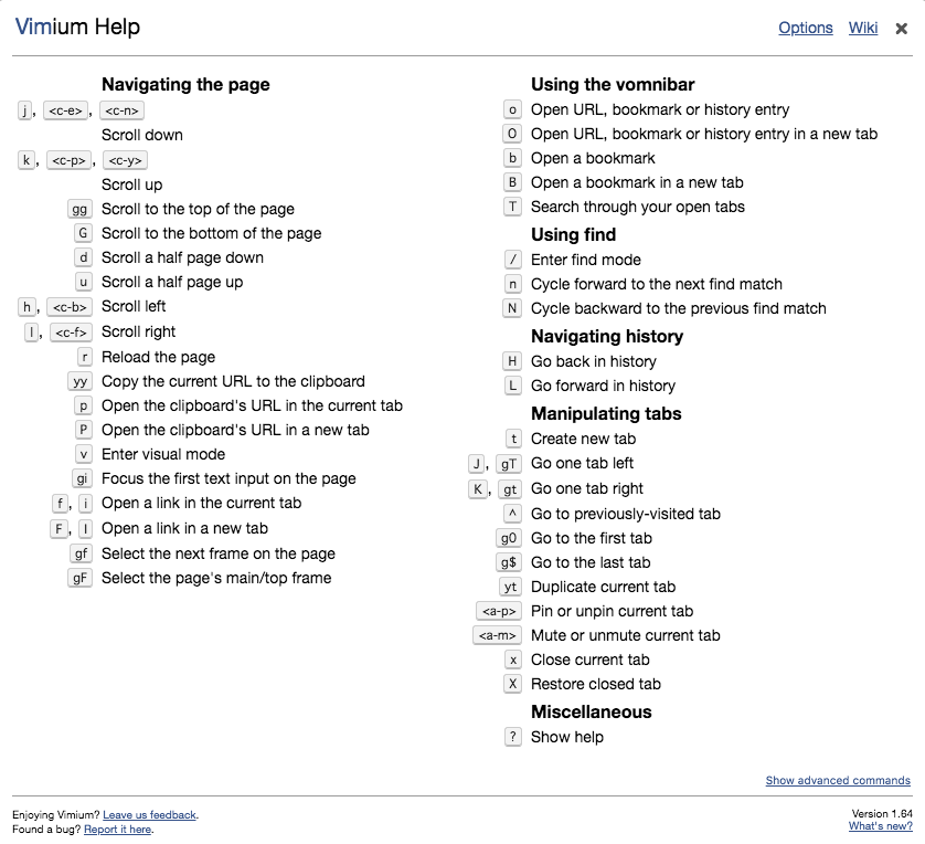 Vimiumのヘルプページ