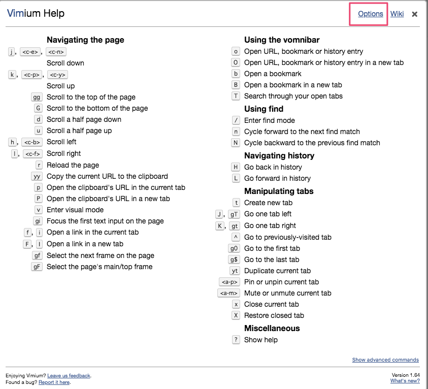 Vimiumのオプション画面