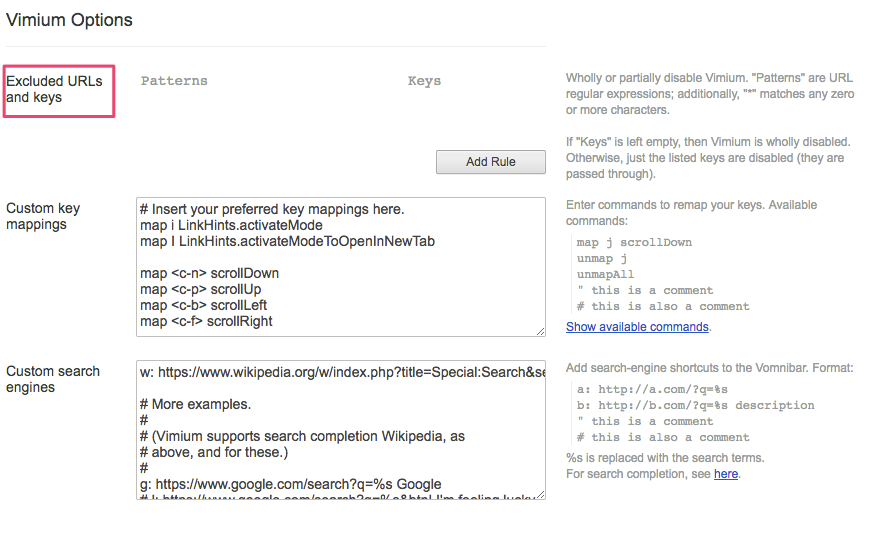 vomnibarのExcluded URLs and keys