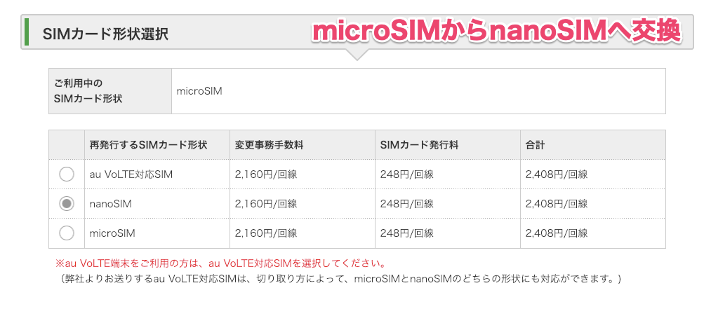 mineoのSIMカード変更画面