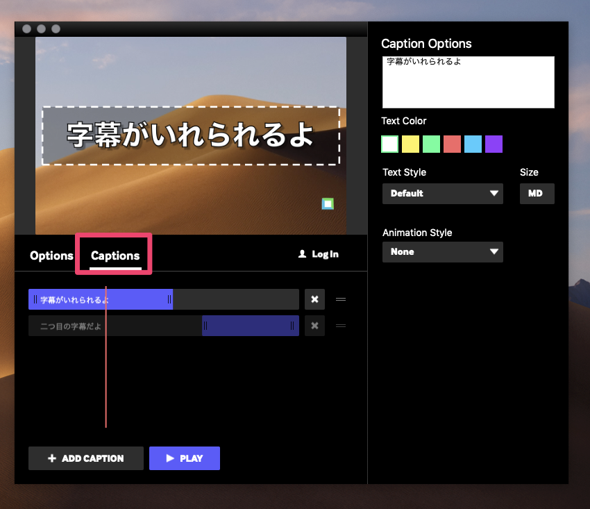 キャプションの設定画面