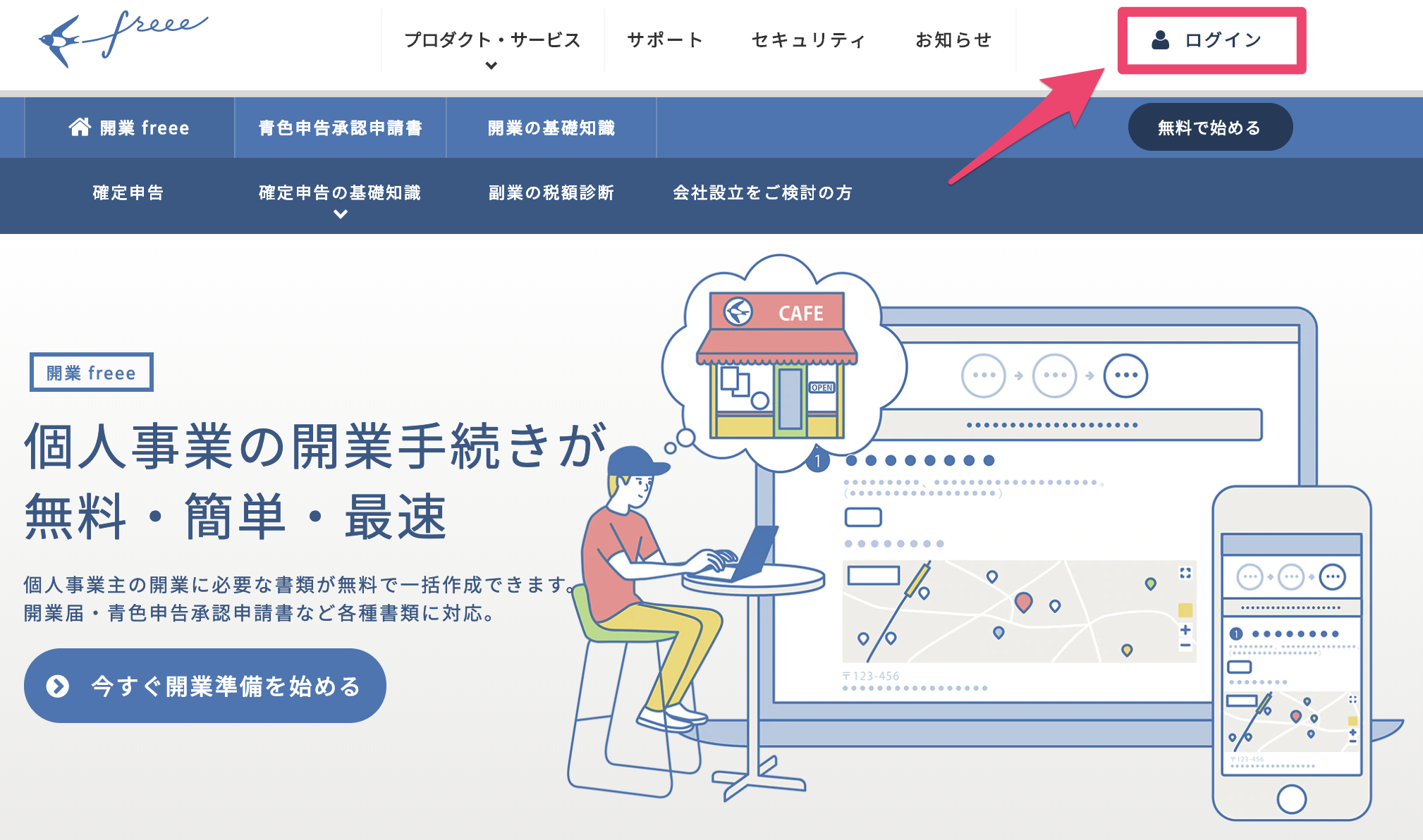 開業freeeトップ。ログインボタンの画面