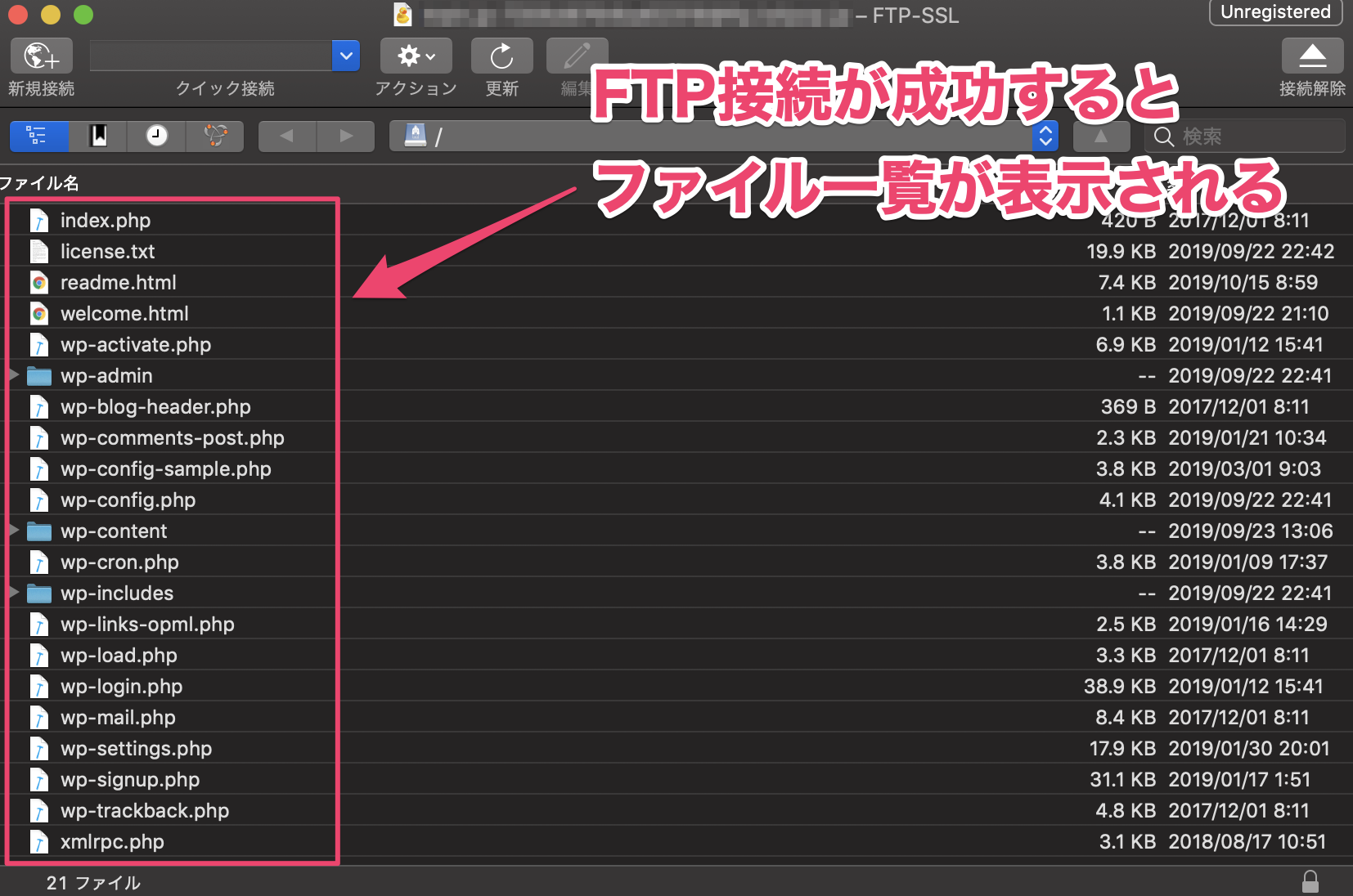 リモートサーバーのファイルが一覧で表示されます